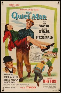 5d0915 QUIET MAN 1sh R1957 great image of John Wayne carrying Maureen O'Hara, John Ford classic!