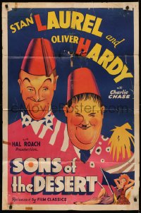 5d1047 SONS OF THE DESERT 1sh R1945 Hal Roach, wonderful artwork of Stan Laurel & Oliver Hardy!