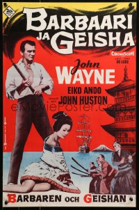 5j0154 BARBARIAN & THE GEISHA Finnish 1958 John Huston, art of John Wayne with torch & Eiko Ando!