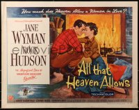 5j0841 ALL THAT HEAVEN ALLOWS style A 1/2sh 1955 romantic art of Rock Hudson kissing Jane Wyman!