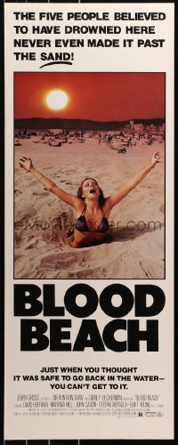 5j0530 BLOOD BEACH insert 1981 Jaws parody tagline, image of sexy girl in bikini sinking in sand!