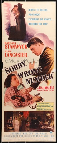 5j0639 SORRY WRONG NUMBER insert 1948 Burt Lancaster about to backhand Barbara Stanwyck, very rare!