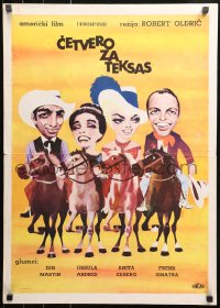 5j1009 4 FOR TEXAS Yugoslavian 20x28 1964 art of Sinatra, Martin, Ekberg & Andress by Stokic!