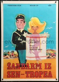 5j1084 GENDARME OF ST TROPEZ Yugoslavian 20x27 1964 Louis de Funes on beach with naked girl behind towel!