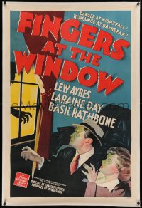 5p0177 FINGERS AT THE WINDOW linen 1sh 1942 art of Lew Ayres & Laraine Day + Rathbone's shadow!