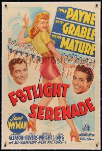 5p0179 FOOTLIGHT SERENADE linen 1sh 1942 full-length art of sexy Betty Grable + John Payne & Mature!