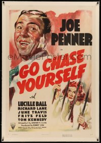 5p0189 GO CHASE YOURSELF linen 1sh 1938 artwork of Joe Penner & Lucille Ball behind bars!