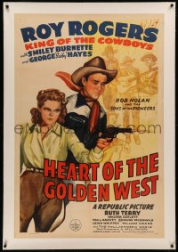 5p0198 HEART OF THE GOLDEN WEST linen 1sh 1942 cool art of Roy Rogers by Ruth Terry shooting gun!