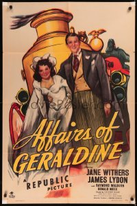 5x0718 AFFAIRS OF GERALDINE 1sh 1946 art of newly married Jane Withers & Jimmy Lydon & fire engine!