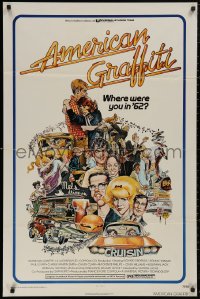 5x0735 AMERICAN GRAFFITI 1sh 1973 George Lucas teen classic, Mort Drucker montage art of cast!