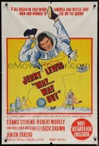 5x0418 WAY WAY OUT Aust 1sh 1966 art of astronaut Jerry Lewis sent to live on the moon in 1989!