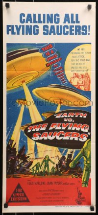 5x0482 EARTH VS. THE FLYING SAUCERS Aust daybill 1956 Harryhausen, cool art of UFOs & aliens!