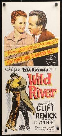 5x0690 WILD RIVER Aust daybill 1960 directed by Elia Kazan, Montgomery Clift embraces Lee Remick!