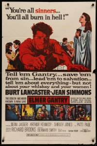 5x0947 ELMER GANTRY 1sh 1960 Jean Simmons, Shirley Jones, Patti Page, Burt Lancaster in title role!