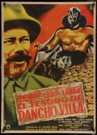 5x0087 EL TESORO DE PANCHO VILLA Mexican poster 1954 Diaz art of masked wrestler & gold pile!