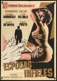 5x0090 ESPOSAS INFIELES export Mexican poster 1956 silkscreen art of sexy woman & smoking hand!