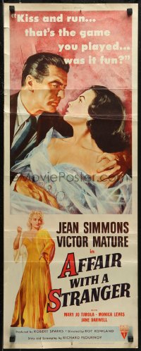 6b0477 AFFAIR WITH A STRANGER revised insert 1953 great artwork of Jean Simmons, Victor Mature!