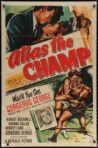 6h0579 ALIAS THE CHAMP 1sh 1949 cool art of pro wrestler Gorgeous George doing figure 4 leg lock!