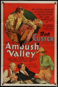 6h0589 AMBUSH VALLEY 1sh 1936 art of Bob Custer fighting with two other cowboys!