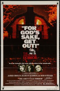 6h0592 AMITYVILLE HORROR 1sh 1979 great image of haunted house, for God's sake get out!