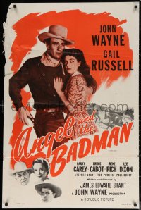 6h0597 ANGEL & THE BADMAN 1sh R1959 great image of western cowboy John Wayne & sexy Gail Russell!