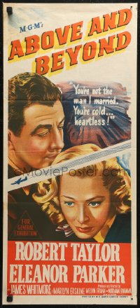 6h0314 ABOVE & BEYOND Aust daybill 1953 artwork of pilot Robert Taylor & pretty Eleanor Parker!