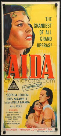 6h0318 AIDA Aust daybill 1954 artwork of sexy Sophia Loren in Verdi's Italian opera!