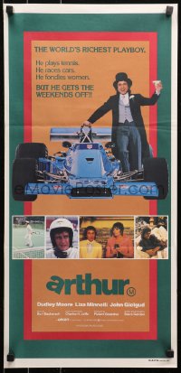 6h0323 ARTHUR Aust daybill 1981 different image of drunk Dudley Moore by F1 race car!