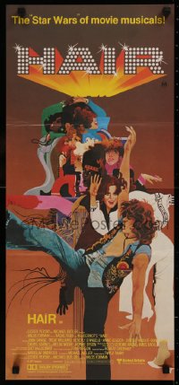 6h0409 HAIR Aust daybill 1979 Milos Forman, Treat Williams, musical, great Bob Peak artwork!