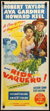 6h0498 RIDE, VAQUERO Aust daybill 1953 art of outlaw Robert Taylor & beauty Ava Gardner!