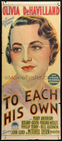 6h0530 TO EACH HIS OWN Aust daybill 1946 different art of Olivia de Havilland by Richardson Studio!