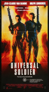 6h0535 UNIVERSAL SOLDIER Aust daybill 1992 cool image of Jean-Claude Van Damme & Dolph Lundgren w/guns!