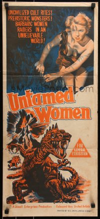 6h0537 UNTAMED WOMEN Aust daybill 1952 great wacky art of dinosaur attacking sexy savage cave babe!