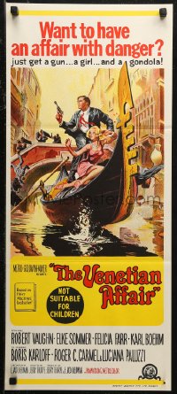 6h0540 VENETIAN AFFAIR Aust daybill 1967 spy Robert Vaughn stares at Boris Karloff through window!