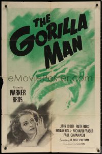 6h0952 GORILLA MAN 1sh 1942 cool horror art of green hand attacking pretty Ruth Ford!