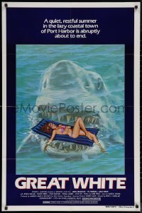 6h0959 GREAT WHITE style A 1sh 1982 great artwork of huge shark attacking girl in bikini on raft!