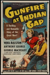 6h0964 GUNFIRE AT INDIAN GAP 1sh 1957 sexy cowgirl Vera Ralston & Anthony George with smoking guns!