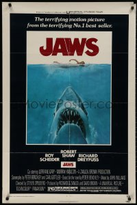 6h1024 JAWS 1sh 1975 Roger Kastel art of Spielberg's man-eating shark attacking sexy swimmer!