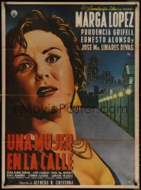 6h0162 UNA MUJER EN LA CALLE Mexican poster 1955 super close up art of scared Marga Lopez!