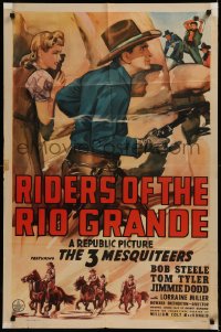 6h1292 RIDERS OF THE RIO GRANDE 1sh 1943 art of Bob Steele & Lorraine Miller, 3 Mesquiteers!