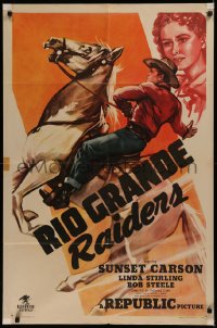 6h1296 RIO GRANDE RAIDERS 1sh 1946 cowboy Sunset Carson on rearing horse, pretty Linda Stirling!