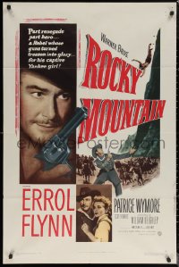 6h1304 ROCKY MOUNTAIN 1sh 1950 great close up of part renegade part hero Errol Flynn with gun!