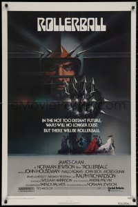 6h1307 ROLLERBALL 1sh 1975 James Caan in a future where war does not exist, Bob Peak art!