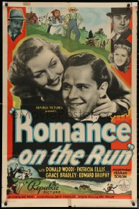 6h1309 ROMANCE ON THE RUN 1sh 1938 Donald Woods & Patricia Ellis + great cartoon art!