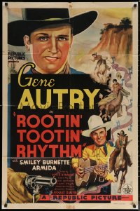 6h1313 ROOTIN' TOOTIN' RHYTHM 1sh 1937 western art of singing cowboy Gene Autry w/gun & guitar!