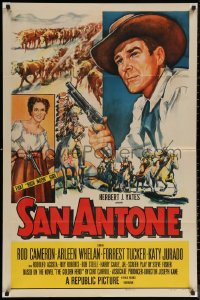 6h1324 SAN ANTONE 1sh 1953 artwork of cowboy Rod Cameron & Katy Jurado, both holding guns!