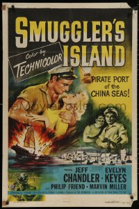 6h1371 SMUGGLER'S ISLAND 1sh 1951 artwork of manly Jeff Chandler & sexy Evelyn Keyes!