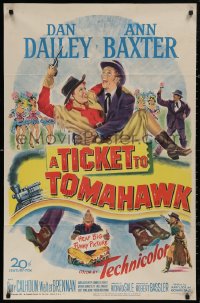 6h1459 TICKET TO TOMAHAWK 1sh 1950 great art of wacky Dan Dailey & pretty cowgirl Ann Baxter!