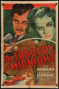 6h1471 TRAGEDY AT MIDNIGHT 1sh 1942 radio host is framed for murder & must solve it himself!