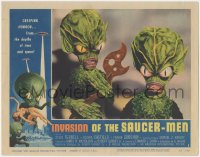 6m0129 INVASION OF THE SAUCER MEN LC #1 1957 close up of cabbage head aliens holding wacky tool!